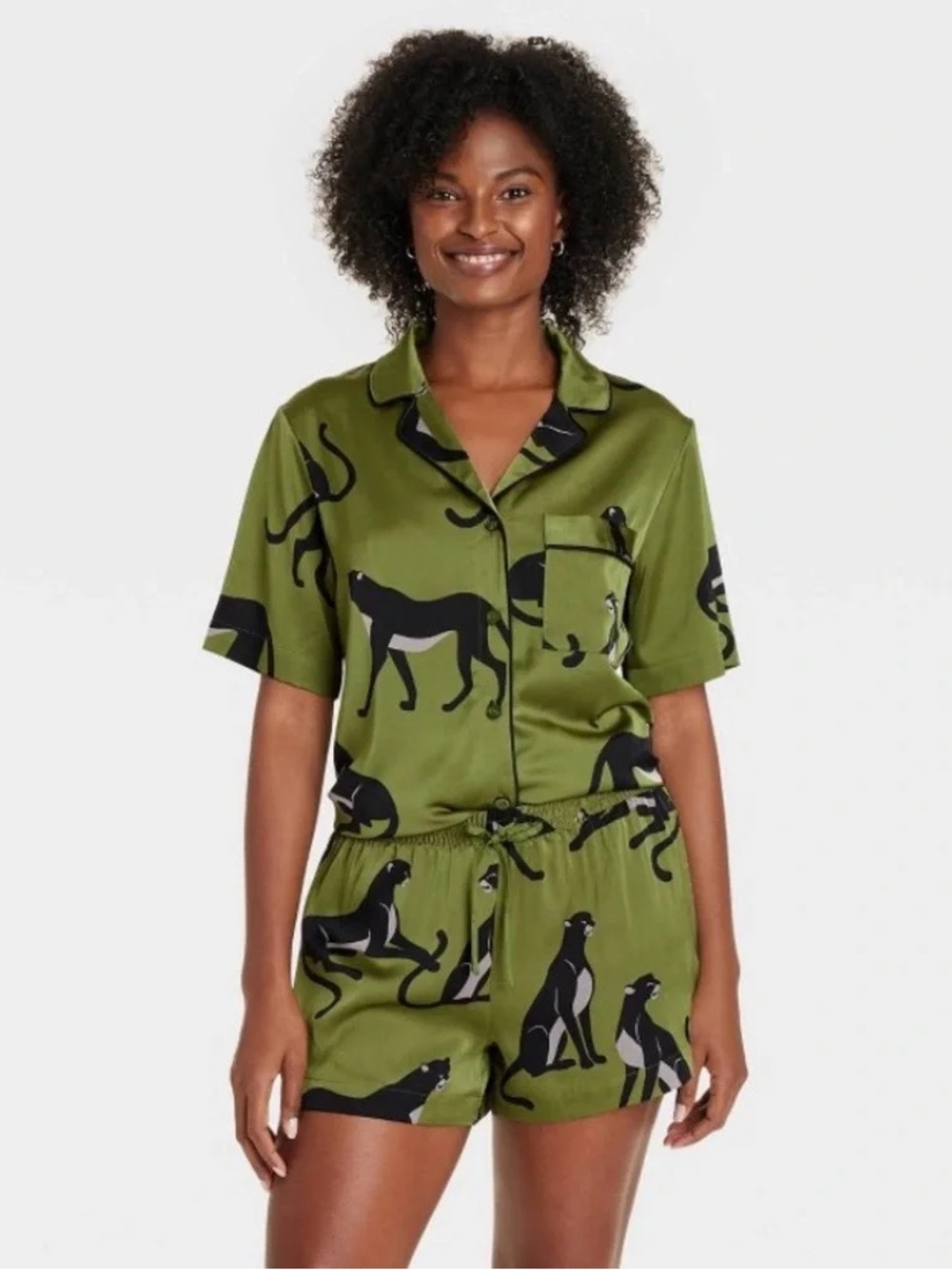 AUDEN luxury Green Satin Two-Piece Lounge Set Black Animal Print large designer - Picture 1 of 4